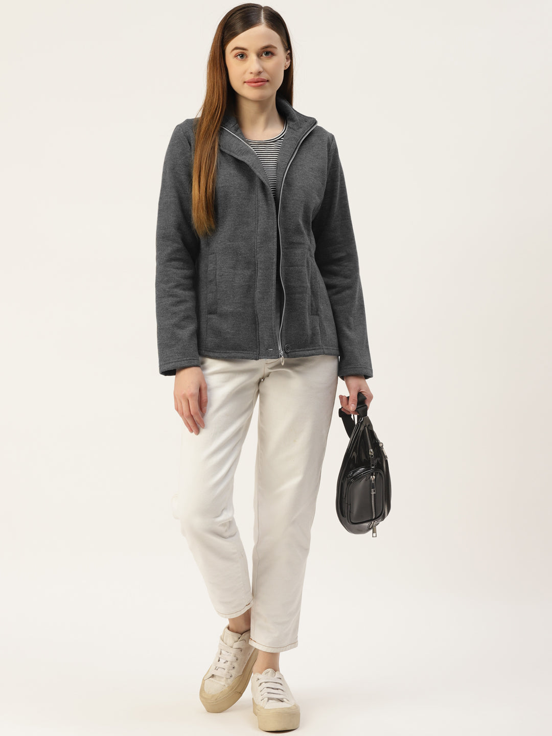 Mock Collar Fleece Front-Open Sweatshirt