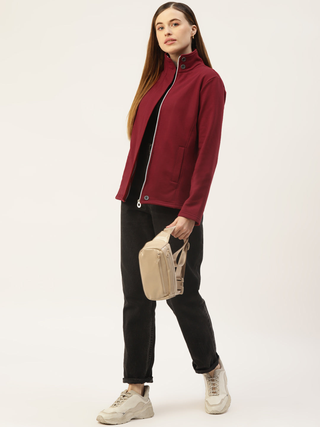 Mock Collar Fleece Front-Open Sweatshirt
