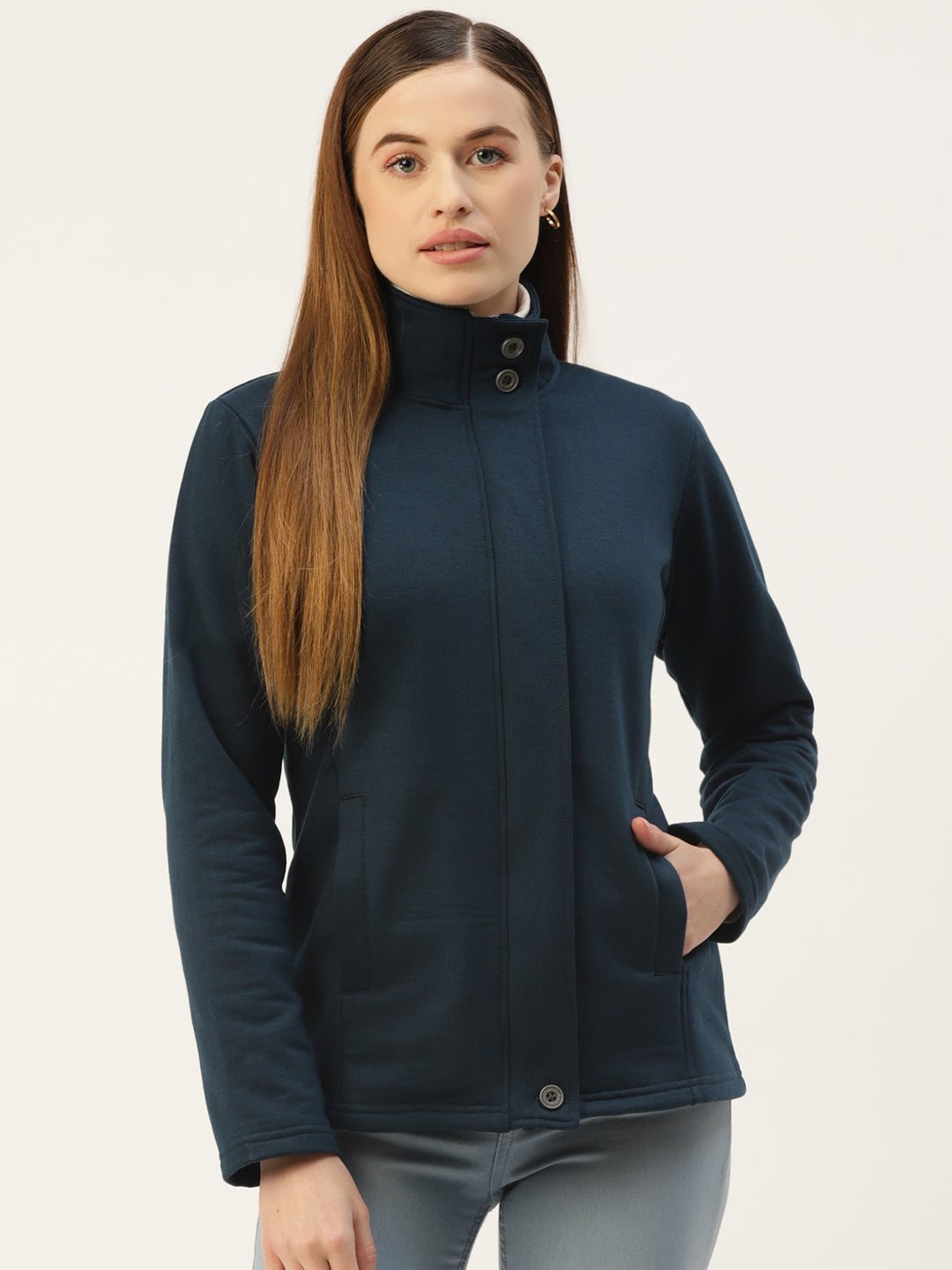 Mock Collar Fleece Front-Open Sweatshirt