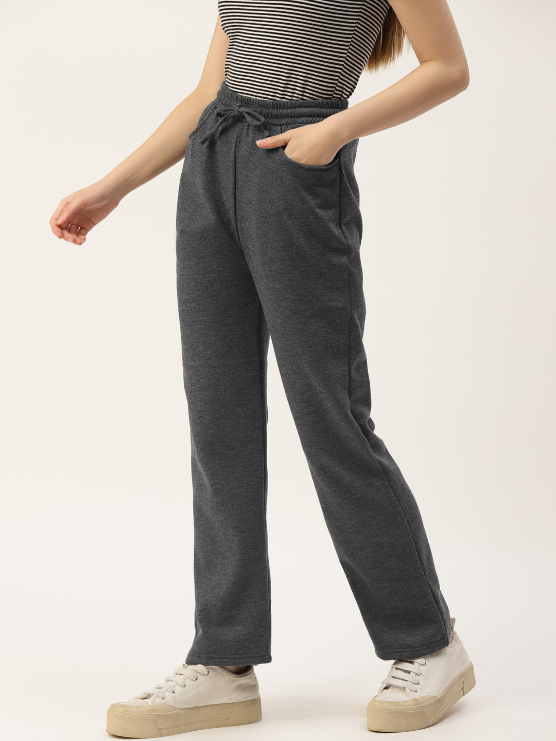 Solid Relaxed Straight Fit PolyCotton Fleece Trousers