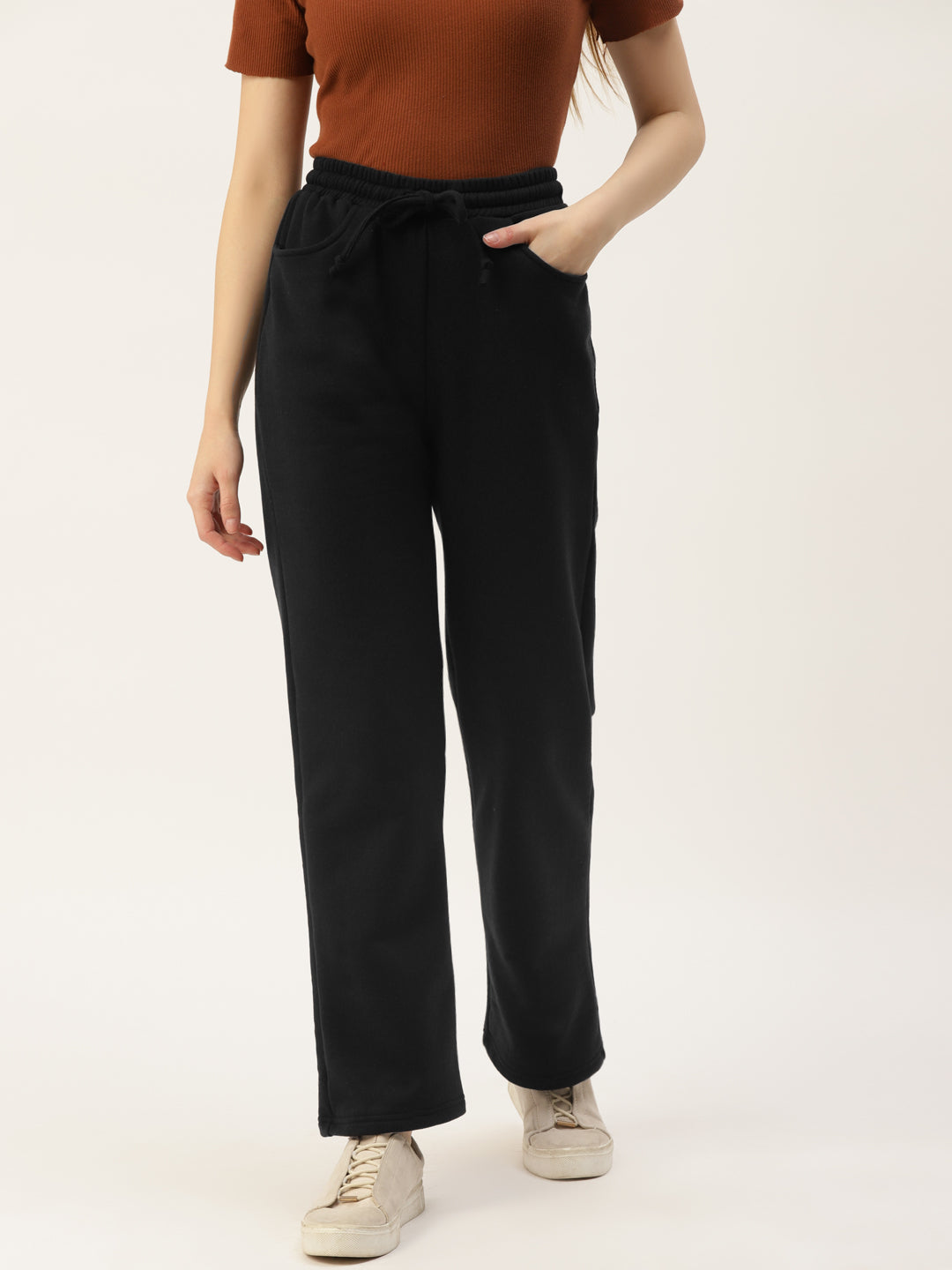 Solid Relaxed Straight Fit PolyCotton Fleece Trousers