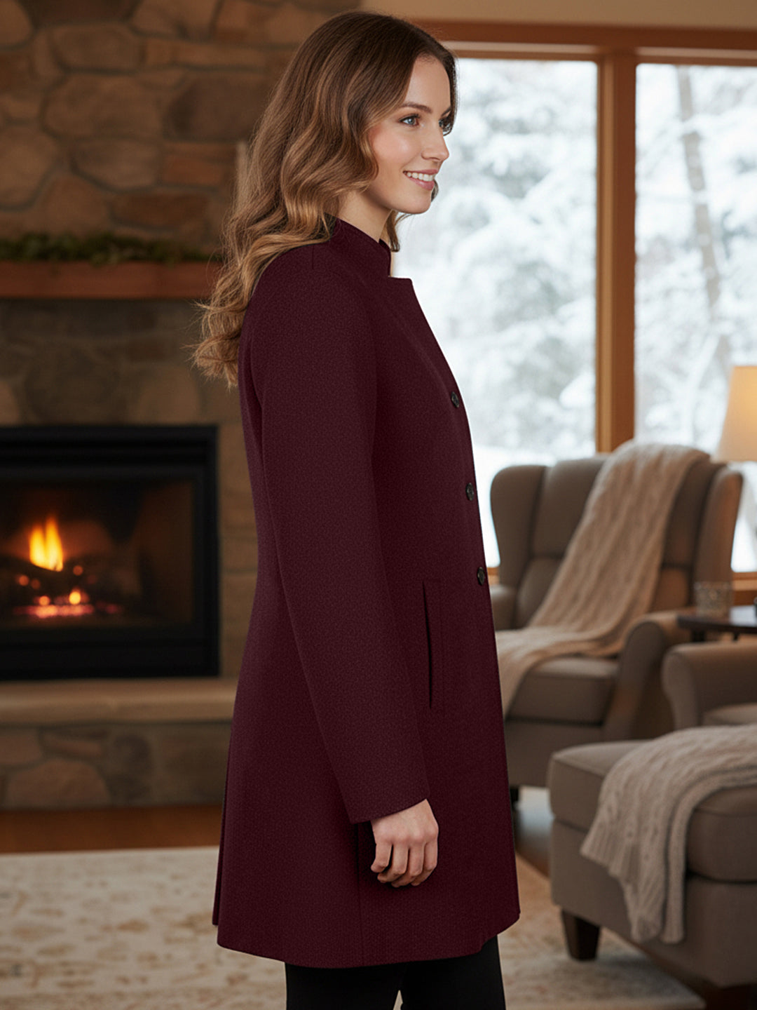 Mandarin Collared Single-Breasted Trench Coat