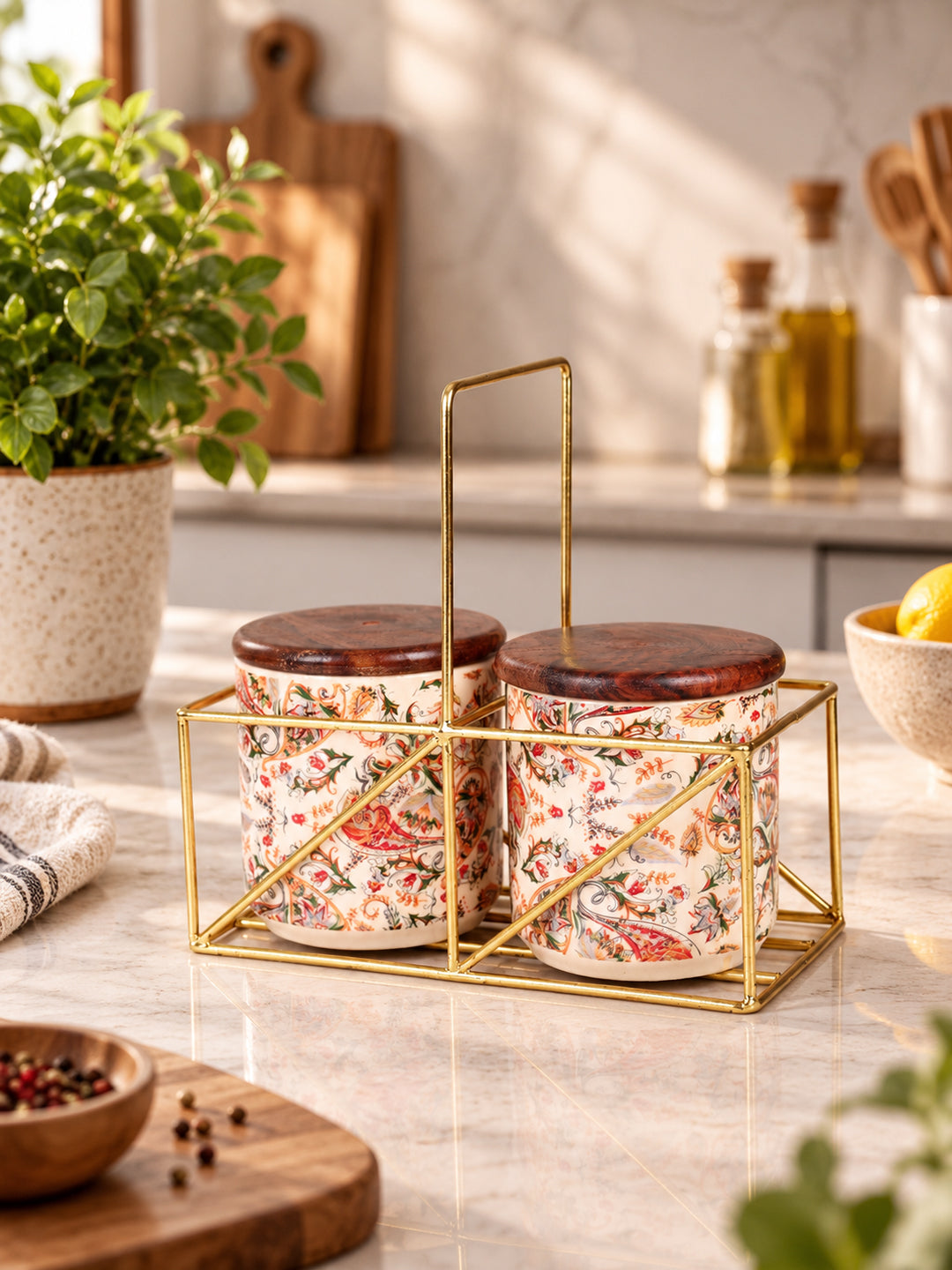 Small Jars with Wooden lid- Set of 2 with Metal Stand