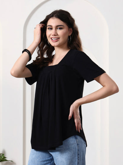 Women Solid Scoop Neck Gathered Top
