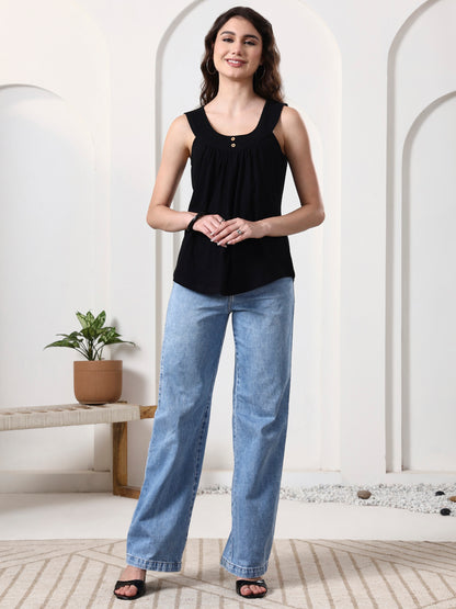 Women Solid Scoop Neck Gathered Top