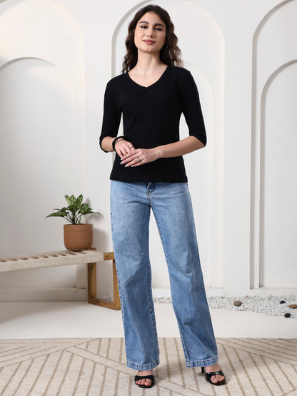 Women Solid V-Neck Cotton Top