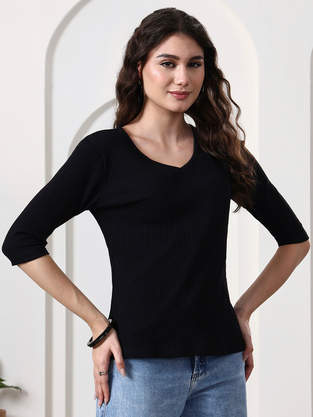 Women Solid V-Neck Cotton Top