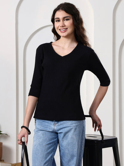 Women Solid V-Neck Cotton Top
