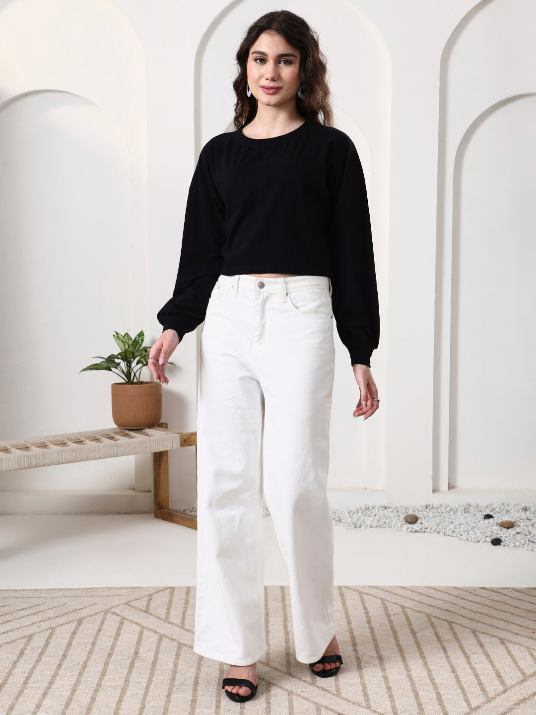 Women Drop-Shoulder Balloon Sleeve Crop Top