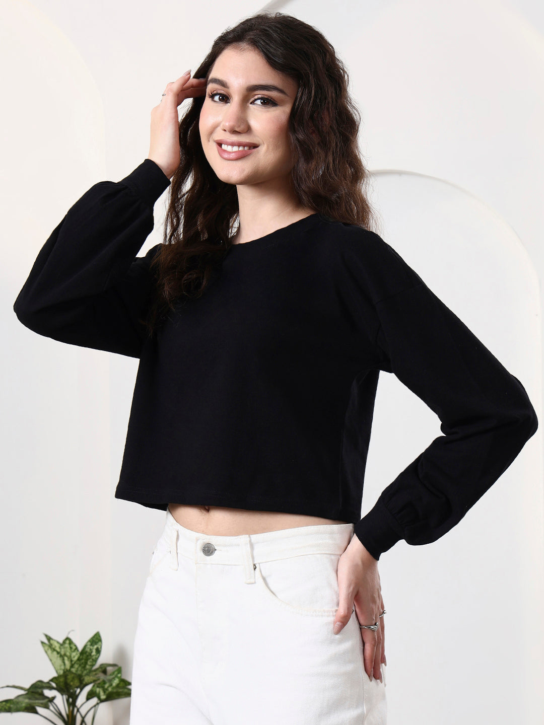 Women Drop-Shoulder Balloon Sleeve Crop Top