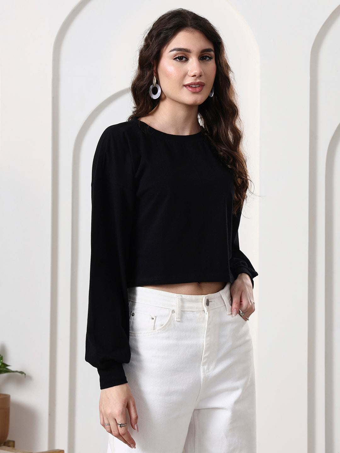 Women Drop-Shoulder Balloon Sleeve Crop Top