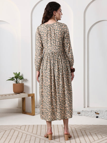 Printed Puff Sleeves Maxi Dress