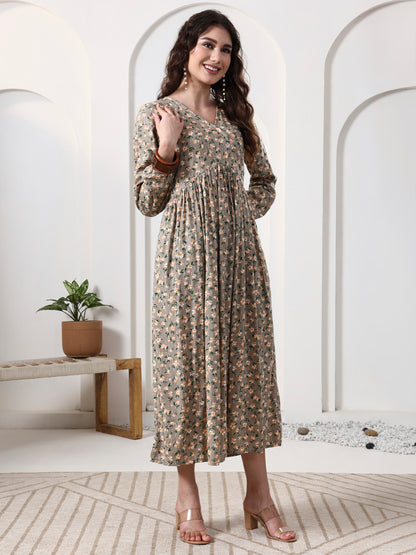 Printed Puff Sleeves Maxi Dress