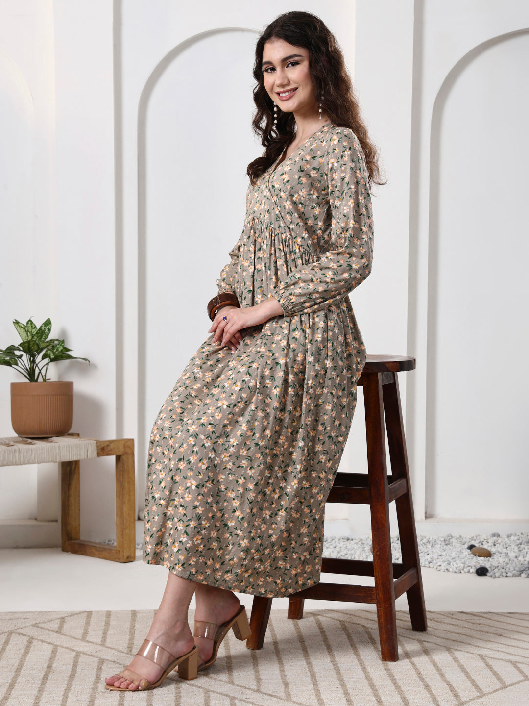 Printed Puff Sleeves Maxi Dress