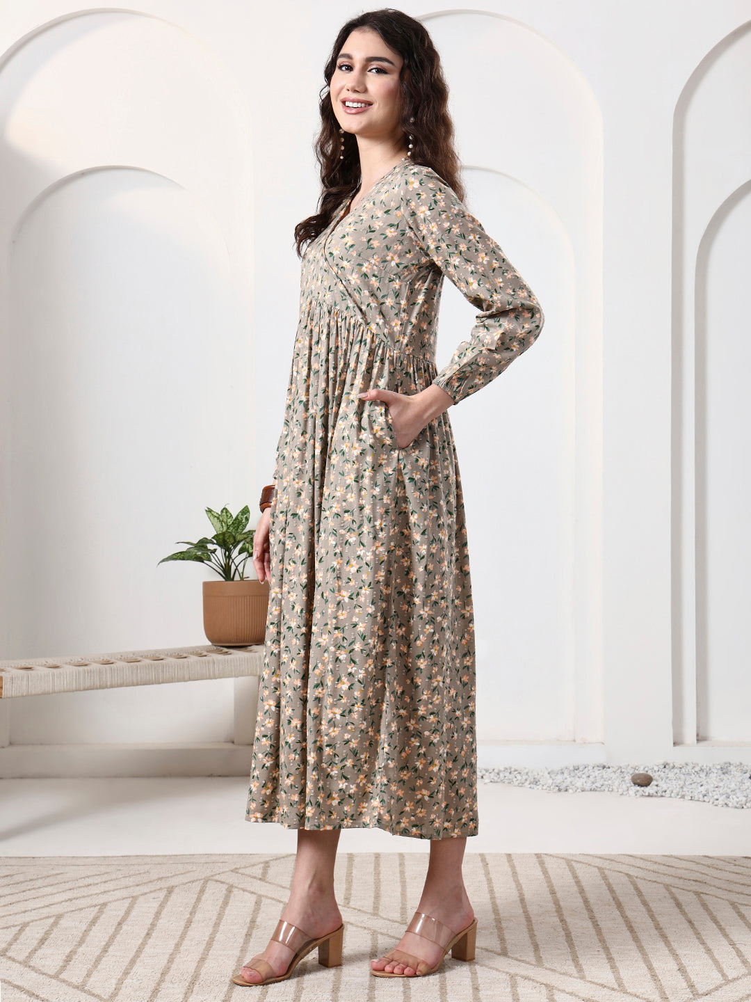 Printed Puff Sleeves Maxi Dress