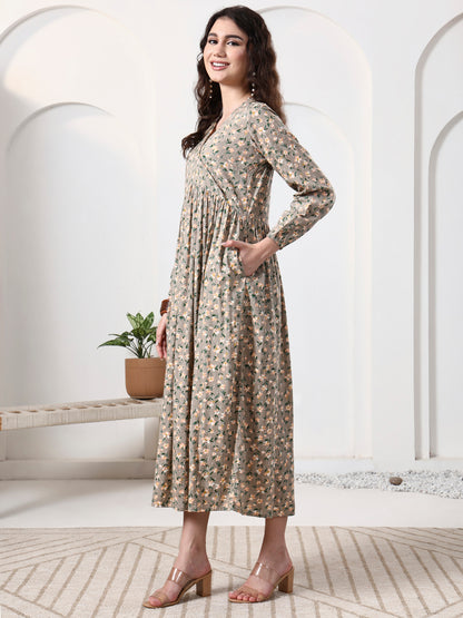 Printed Puff Sleeves Maxi Dress