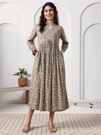 Printed Puff Sleeves Maxi Dress