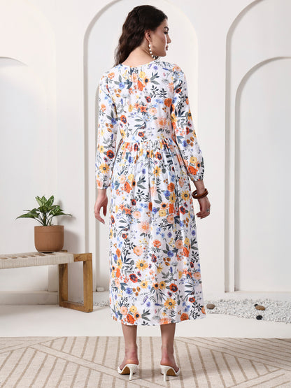 Printed Puff Sleeves Maxi Dress
