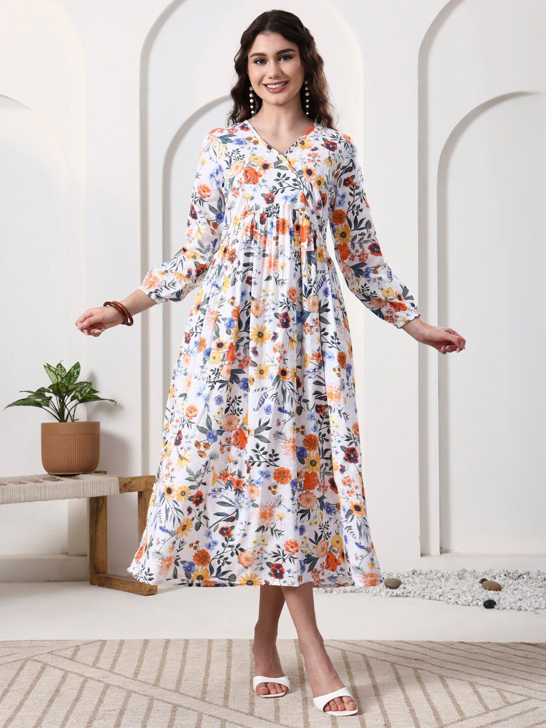 Printed Puff Sleeves Maxi Dress