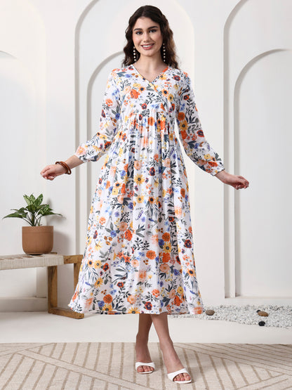 Printed Puff Sleeves Maxi Dress