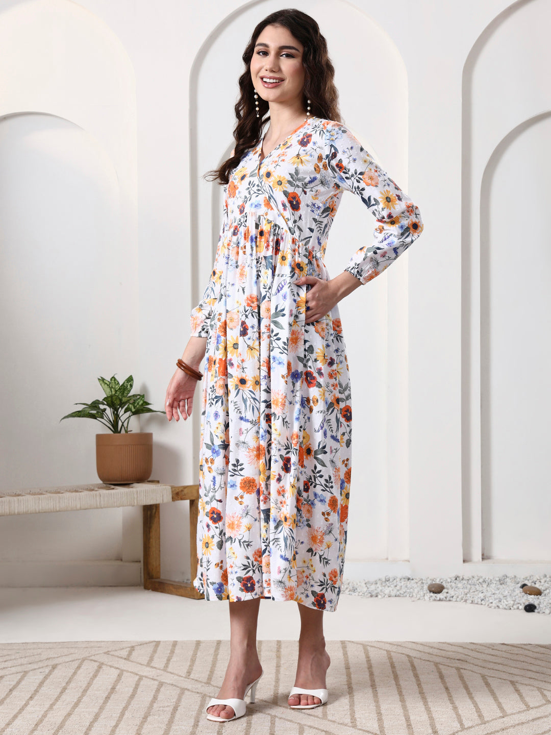 Printed Puff Sleeves Maxi Dress