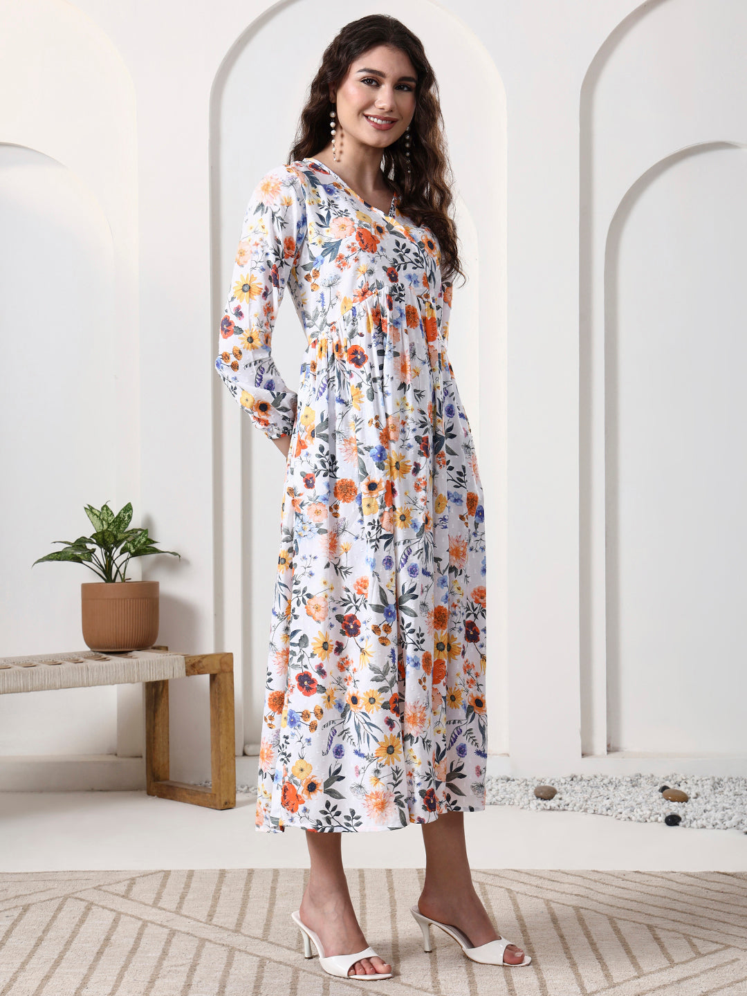 Printed Puff Sleeves Maxi Dress