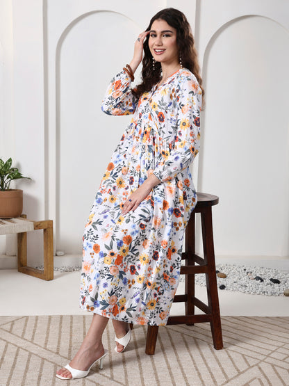 Printed Puff Sleeves Maxi Dress