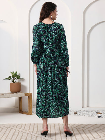 Printed Puff Sleeves Maxi Dress