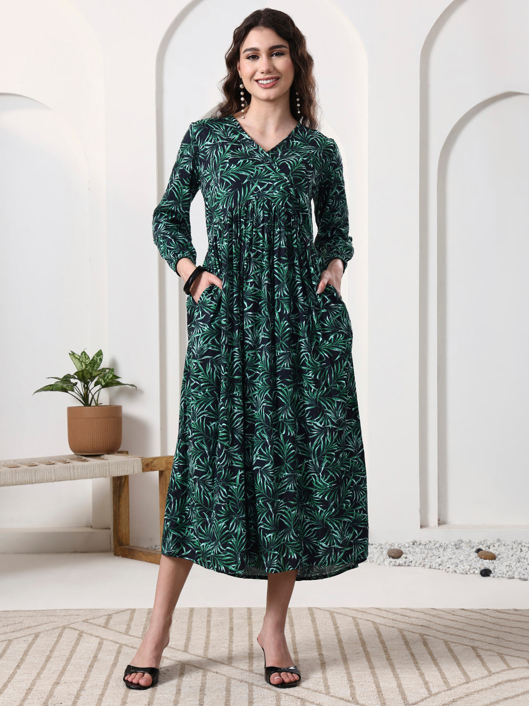 Printed Puff Sleeves Maxi Dress