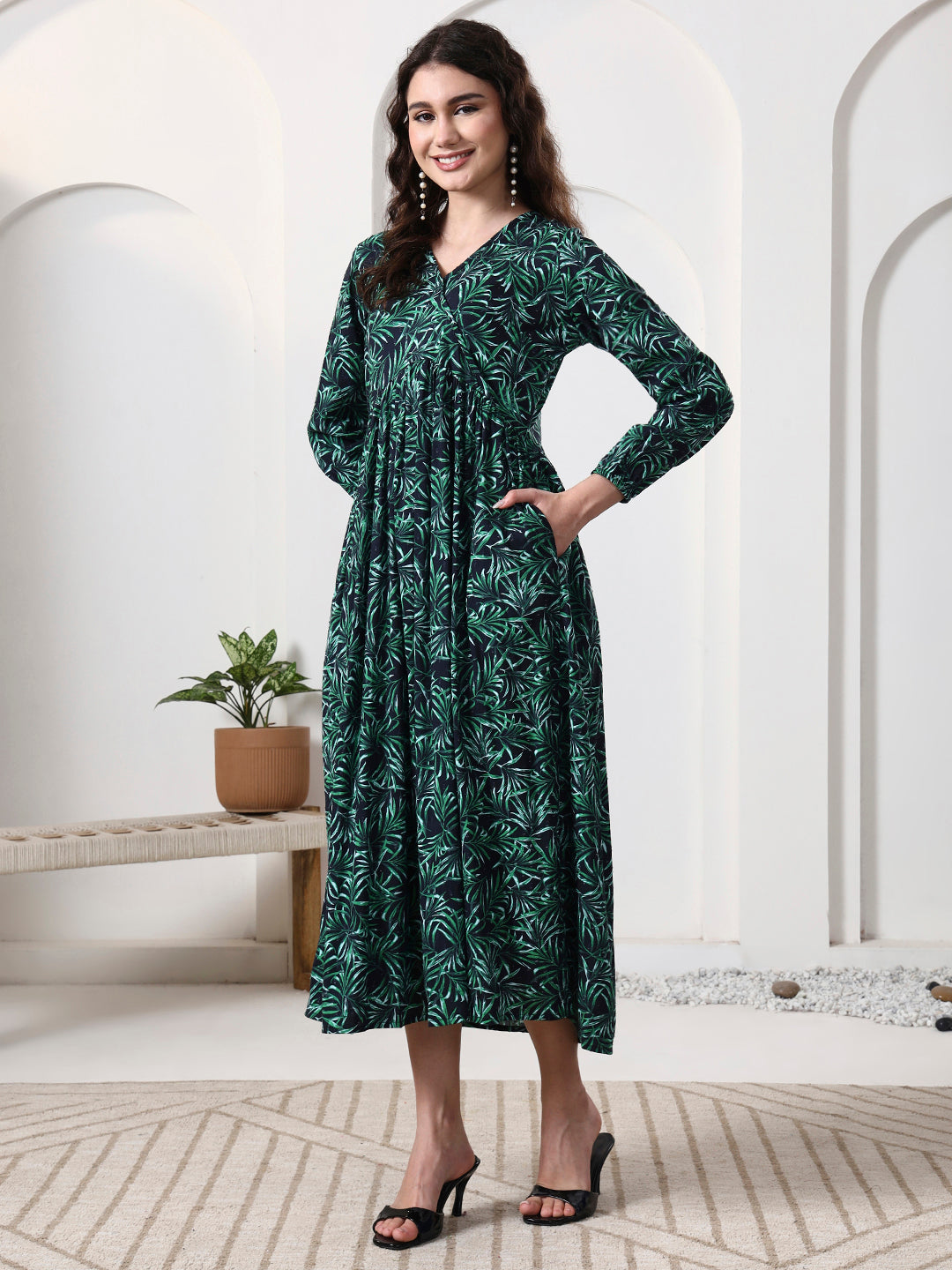 Printed Puff Sleeves Maxi Dress