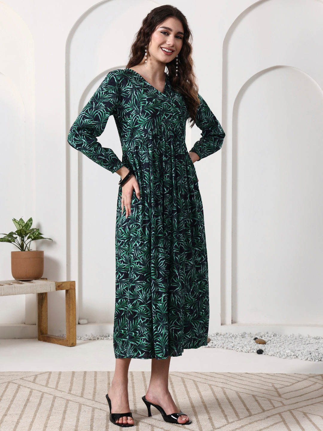 Printed Puff Sleeves Maxi Dress