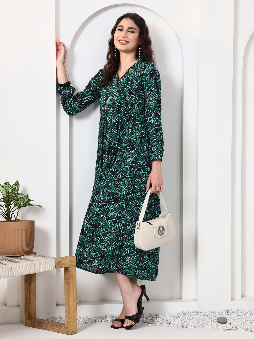 Printed Puff Sleeves Maxi Dress