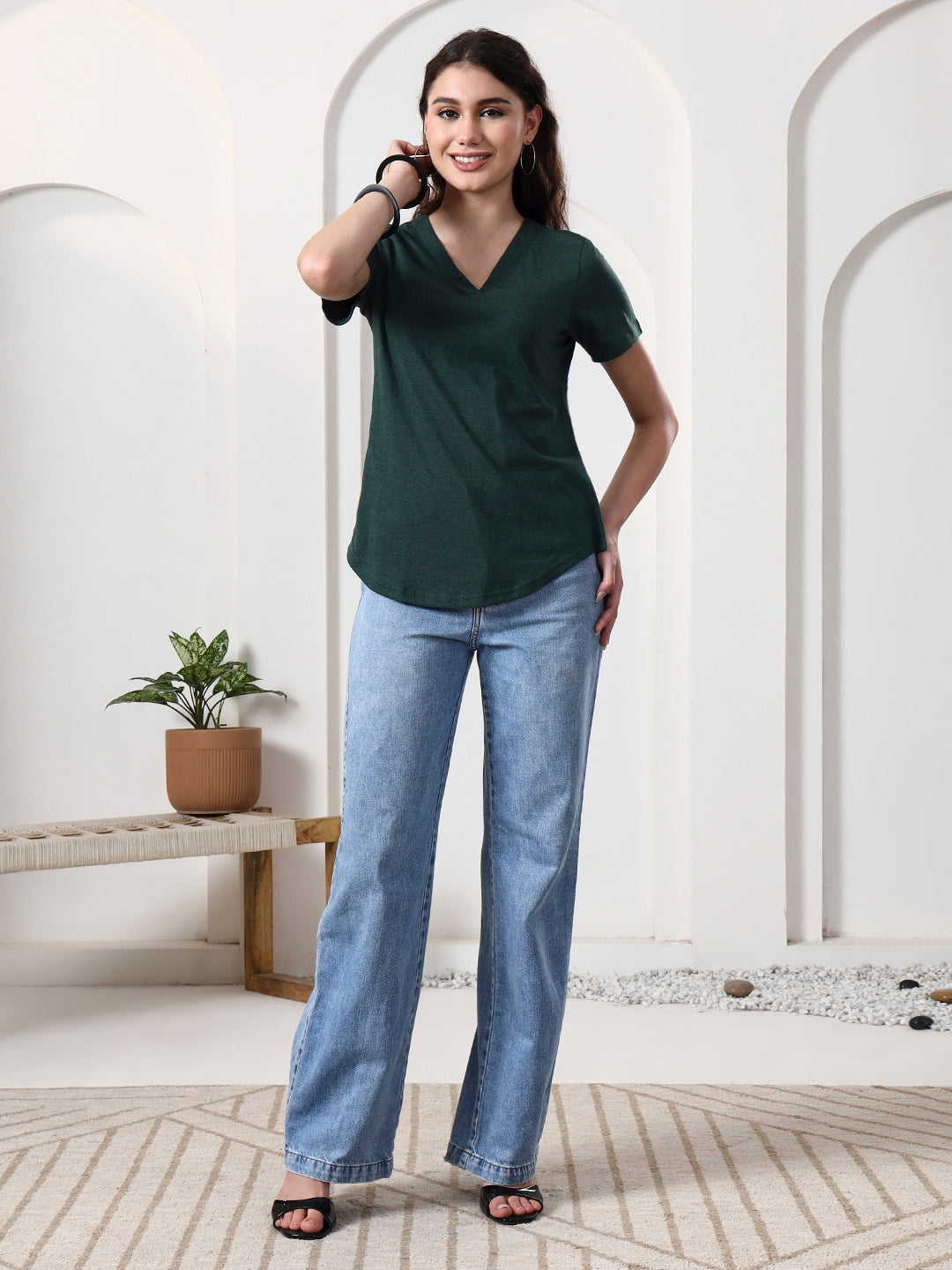 BRINNS Women Solid V-Neck Pure Cotton T-shirt