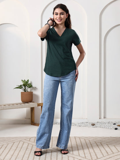 BRINNS Women Solid V-Neck Pure Cotton T-shirt