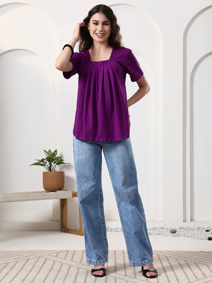 Women Solid Scoop Neck Gathered Top