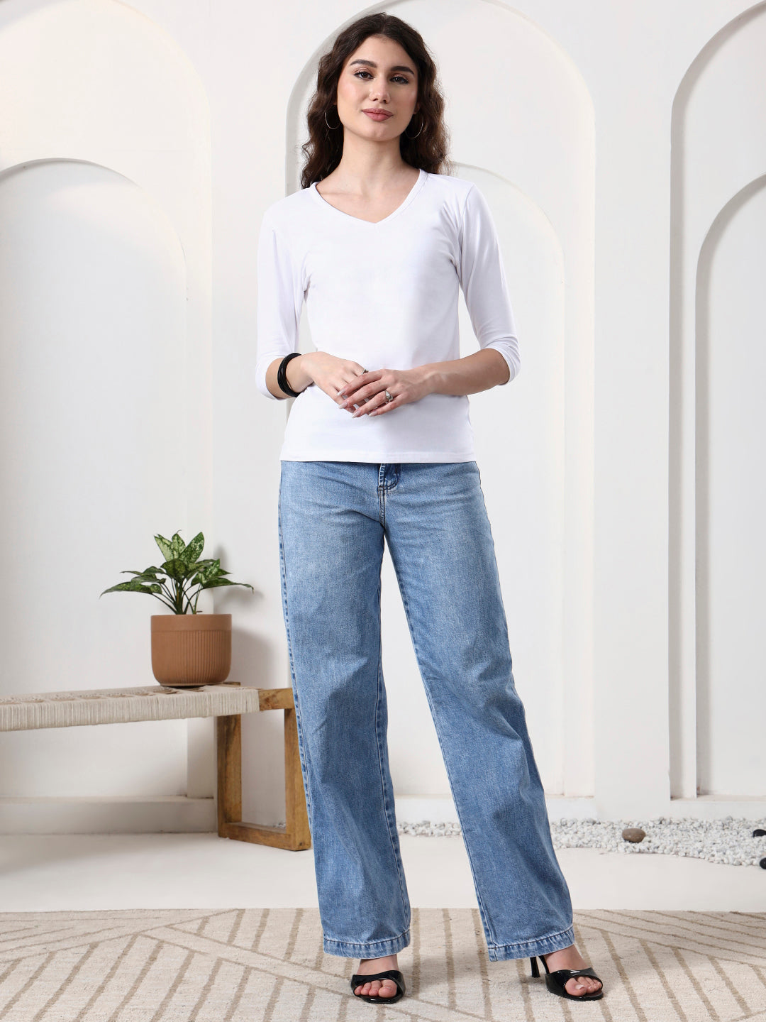 Women Solid V-Neck Cotton Top