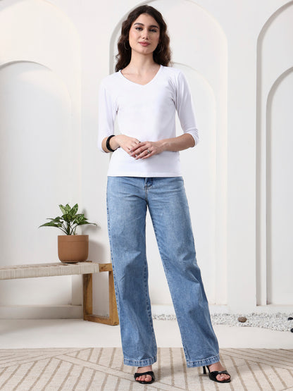 Women Solid V-Neck Cotton Top
