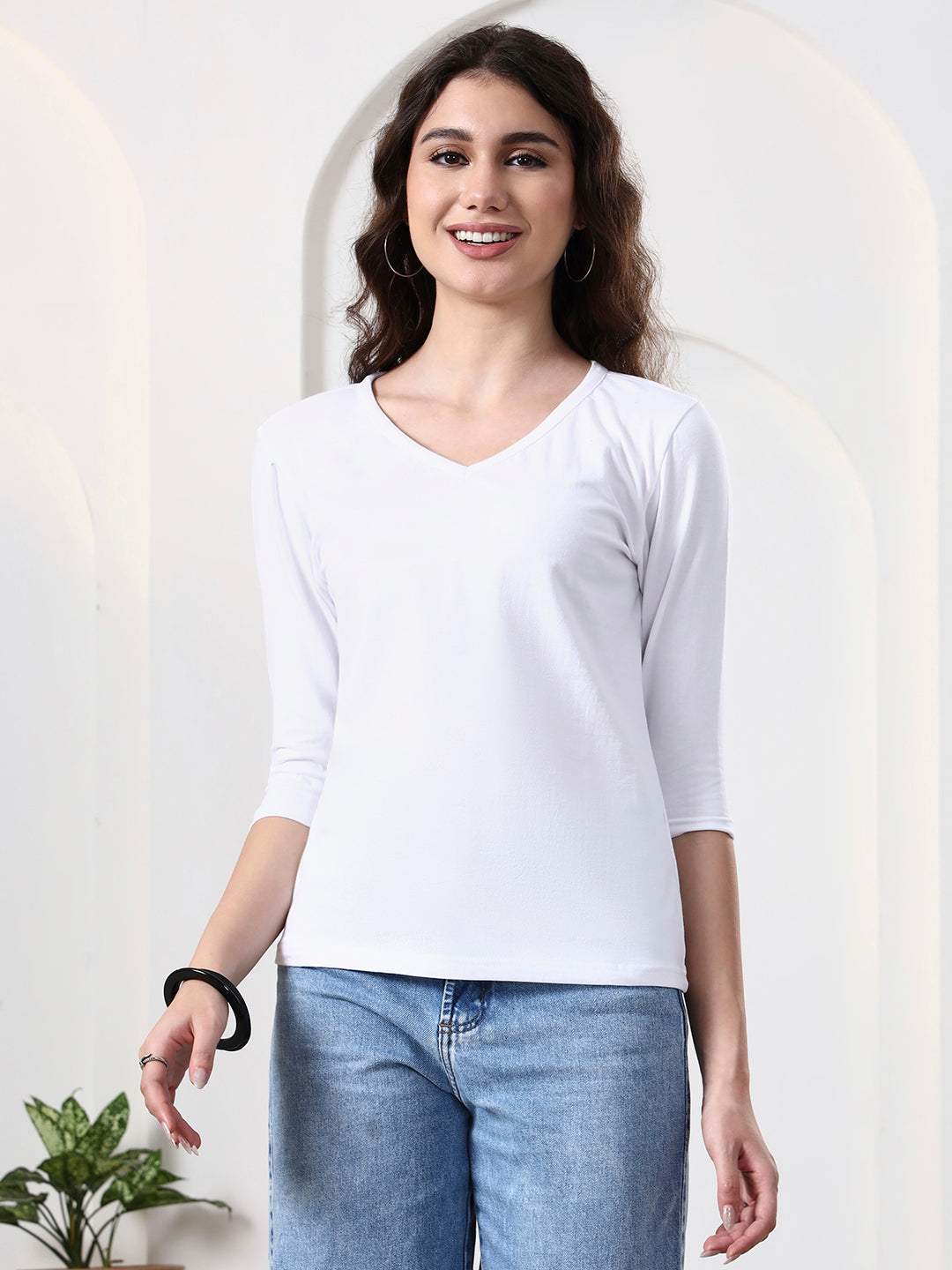 Women Solid V-Neck Cotton Top