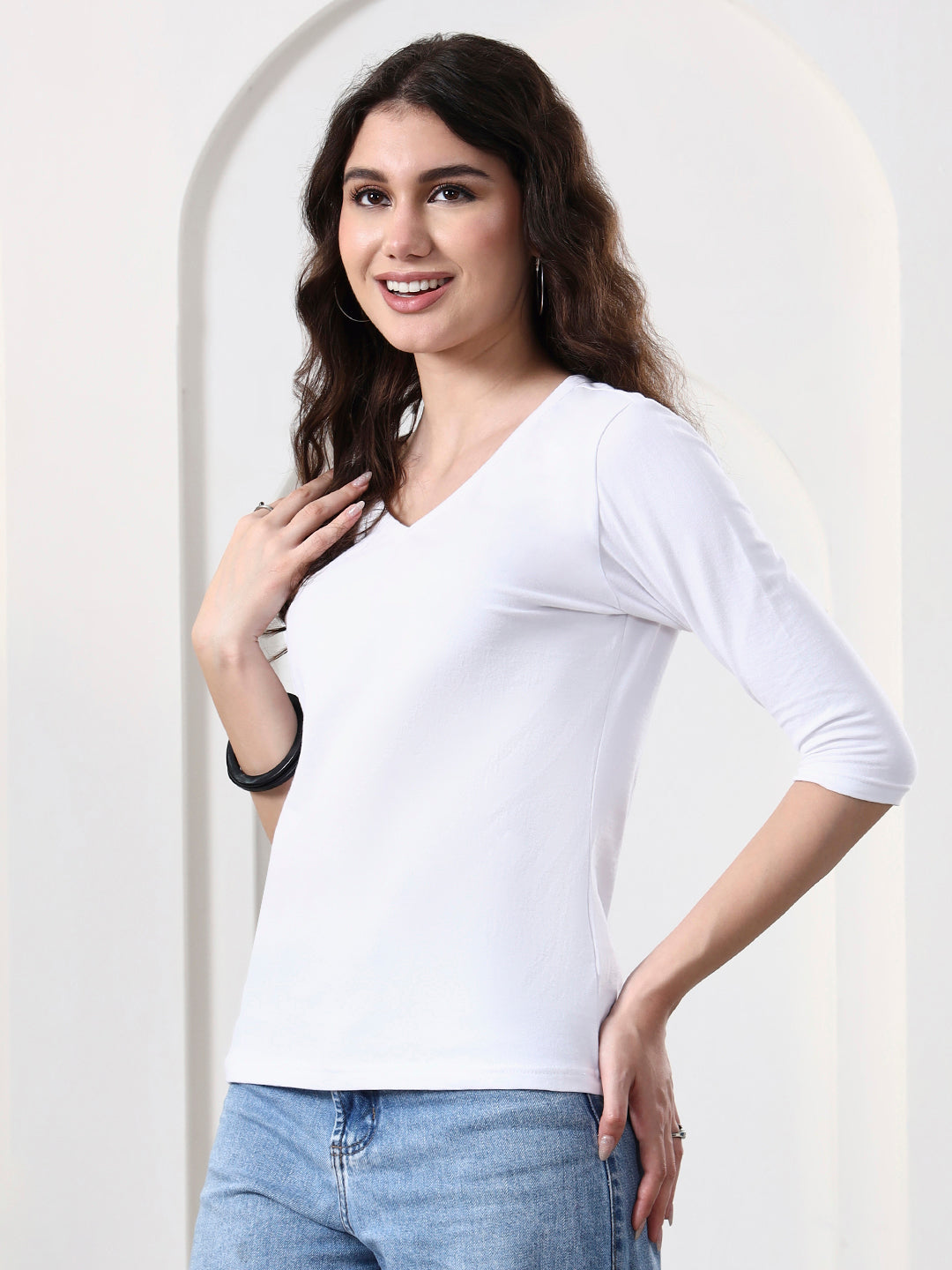Women Solid V-Neck Cotton Top