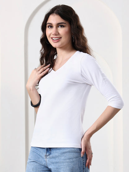 Women Solid V-Neck Cotton Top