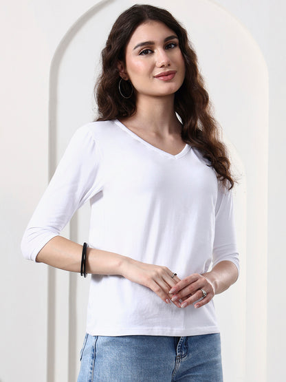 Women Solid V-Neck Cotton Top