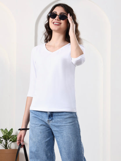 Women Solid V-Neck Cotton Top