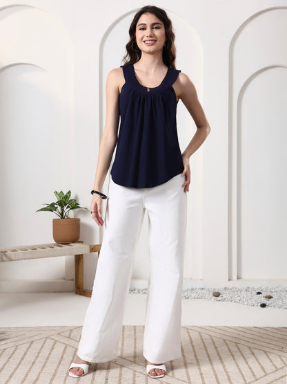 Women Solid Scoop Neck Gathered Top