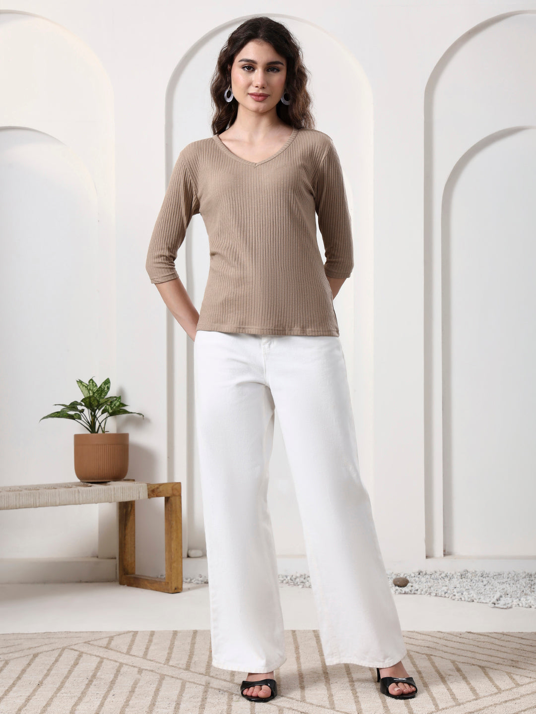 Women Solid V-Neck Cotton Top