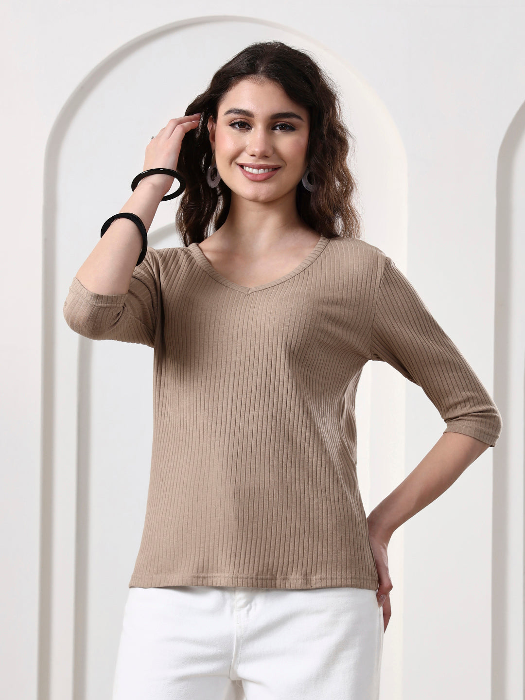 Women Solid V-Neck Cotton Top