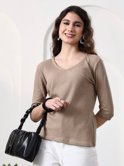 Women Solid V-Neck Cotton Top