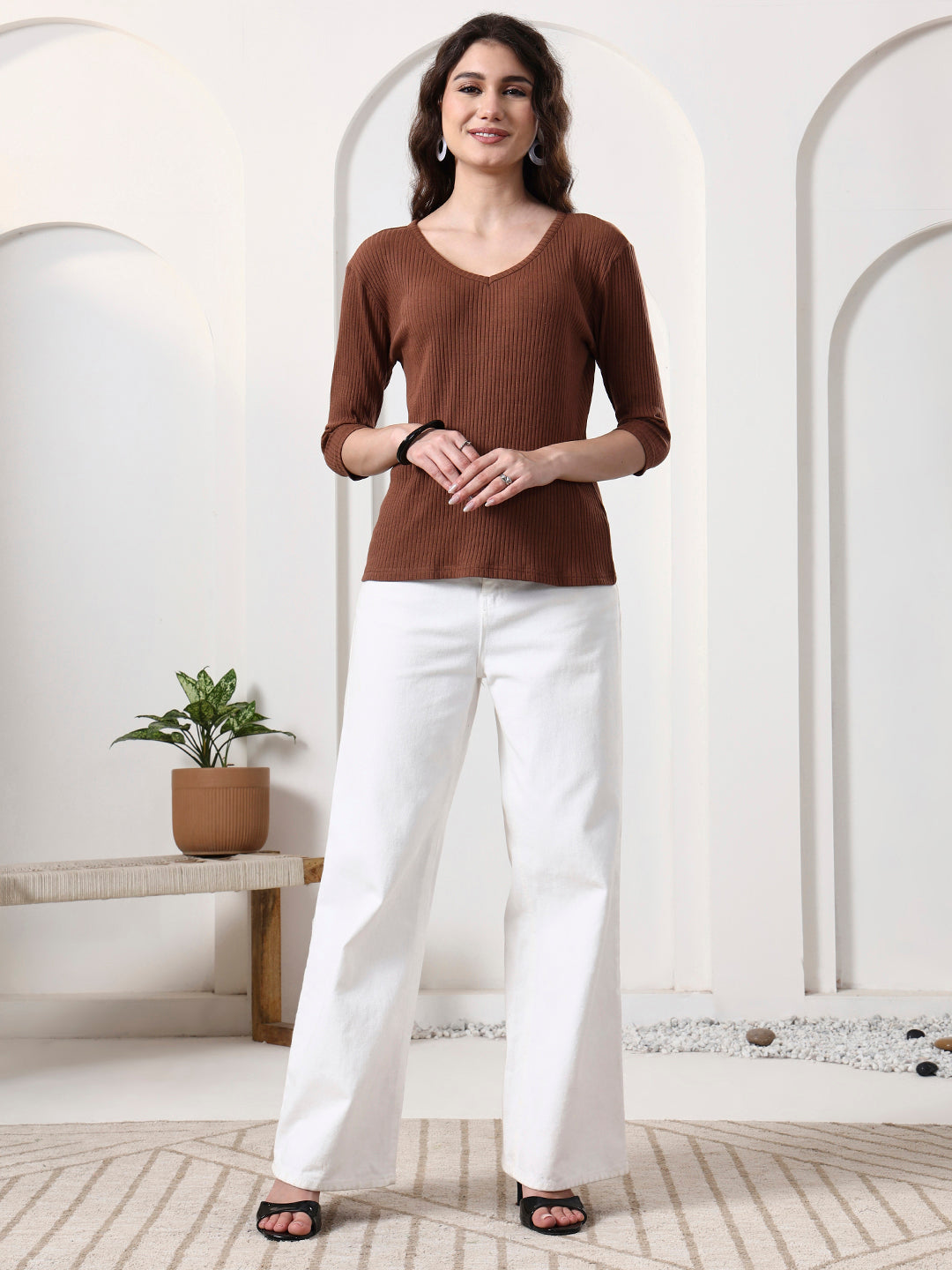 Women Solid V-Neck Cotton Top