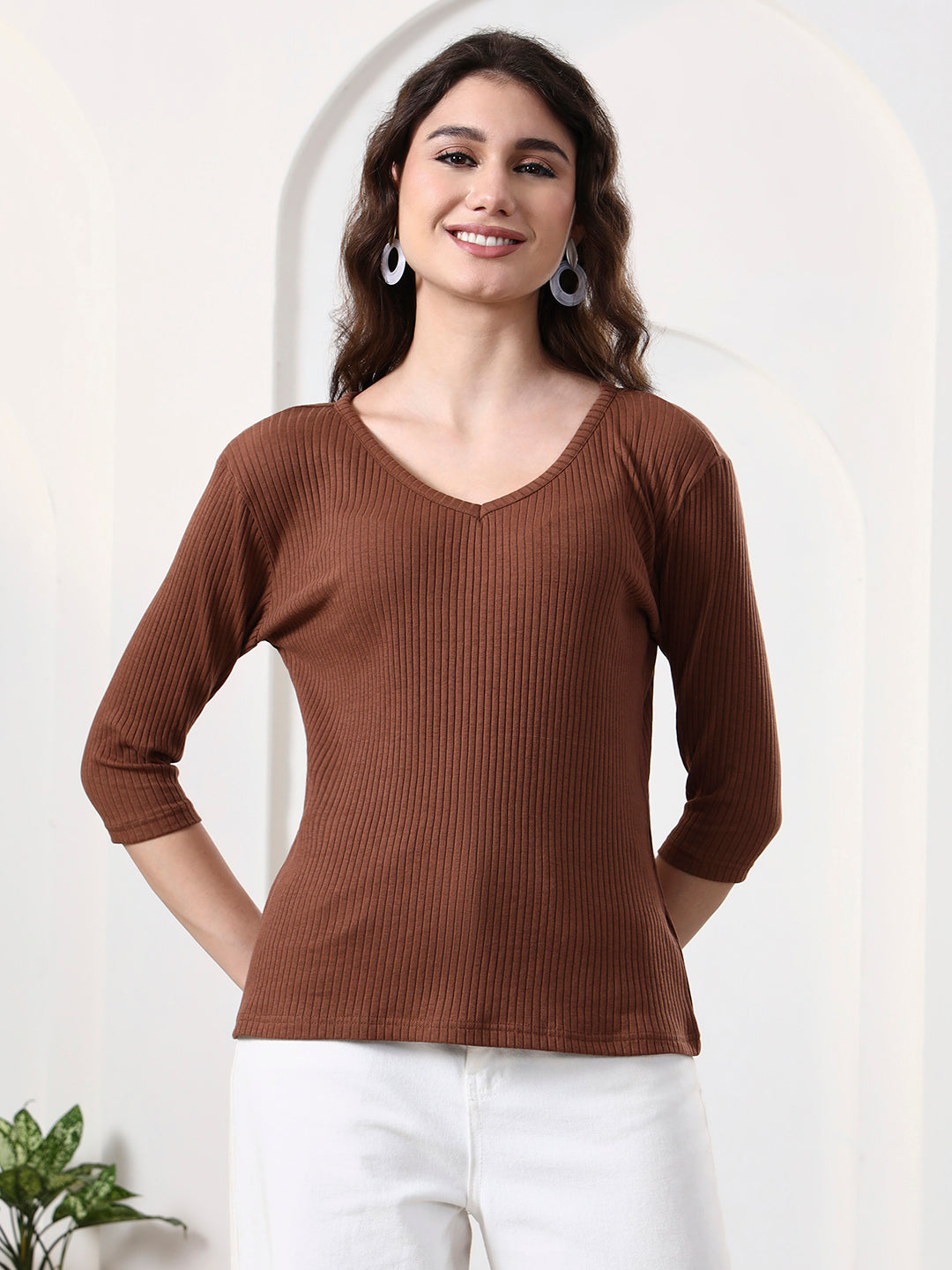 Women Solid V-Neck Cotton Top