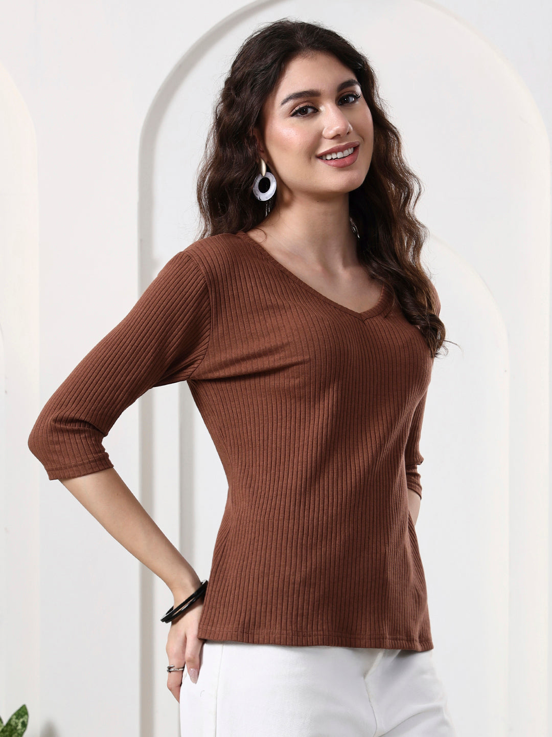 Women Solid V-Neck Cotton Top