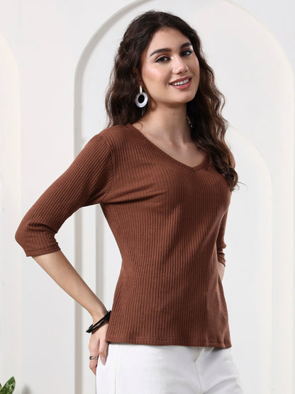 Women Solid V-Neck Cotton Top